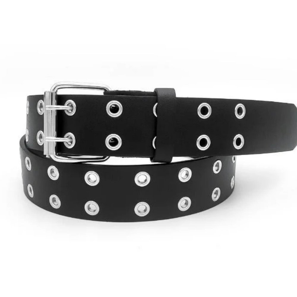 Black Unisex 2 Holes Row Grommet Bonded Leather Belt Size Large
